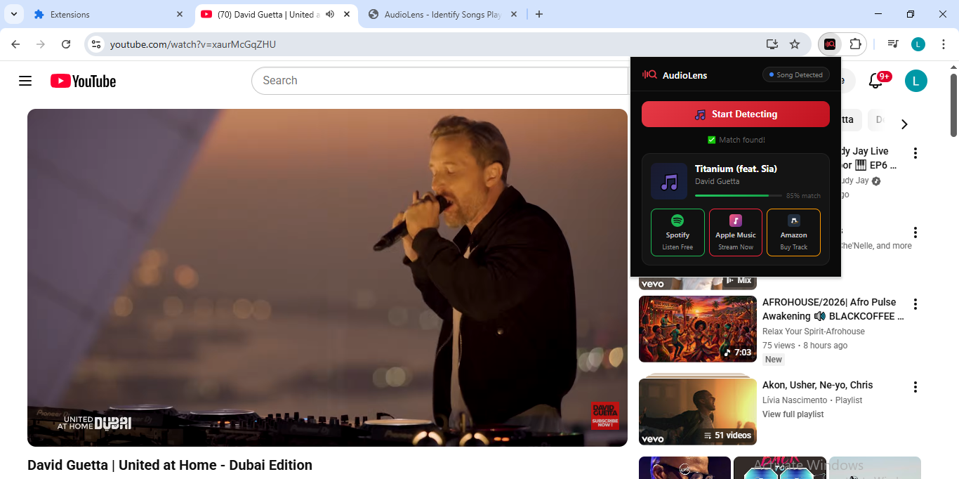 AudioCatch identifying songs playing on YouTube